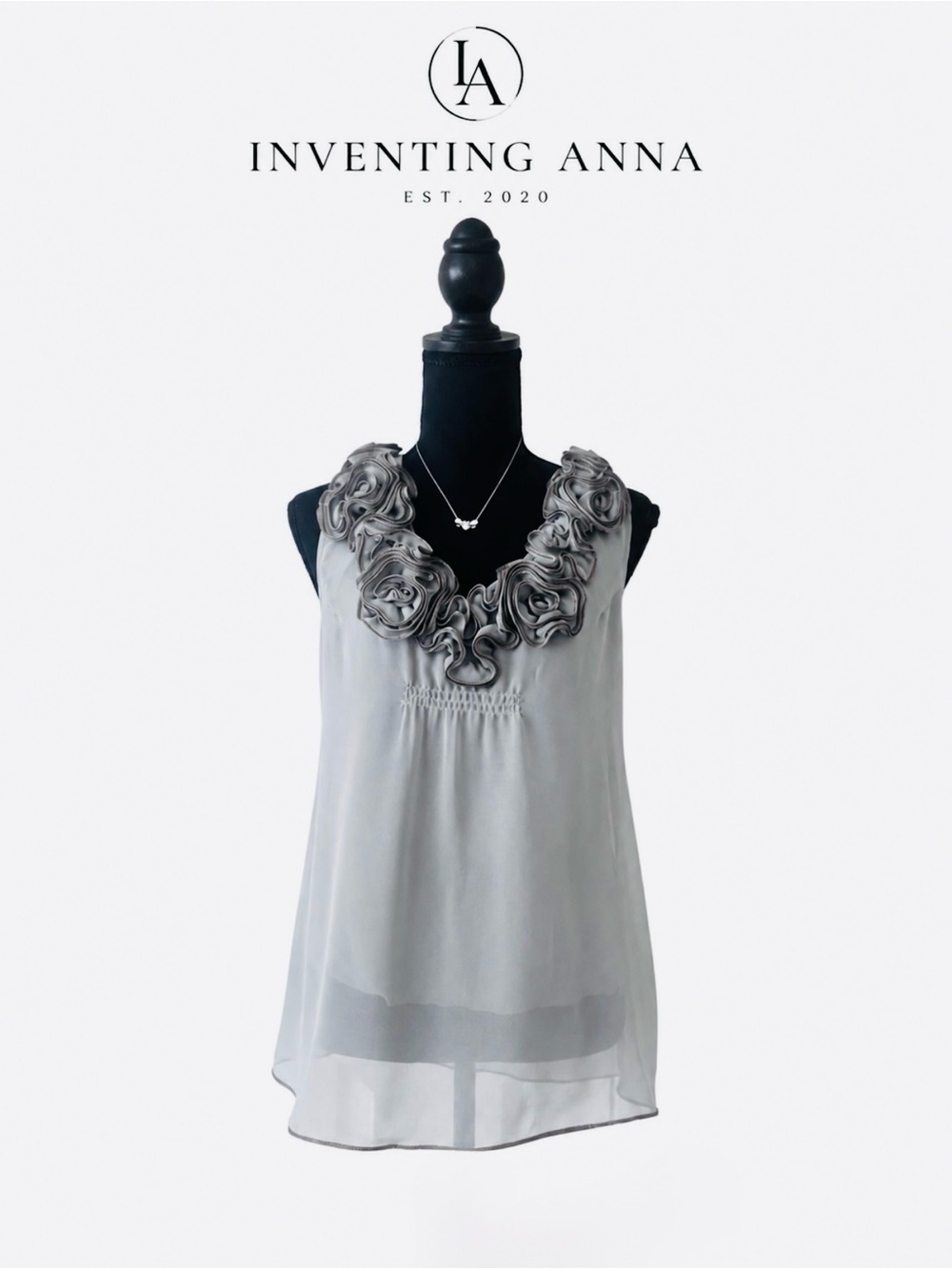 Soft Green Sleeveless Chiffon-Like Overlay w/Floral Appliqué in Bronze Trim